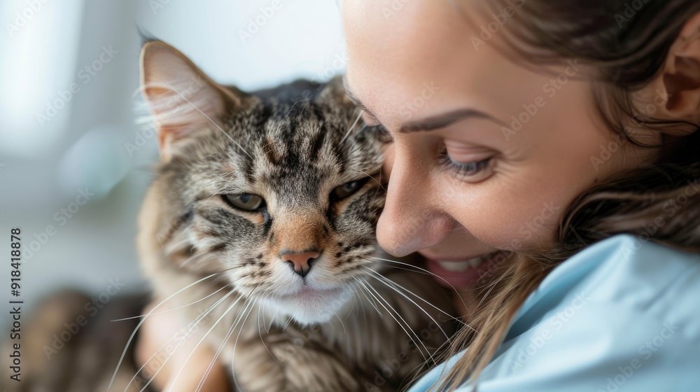 A woman with a gentle smile holds a fluffy cat close to her face. They A woman with a gentle smile holds a fluffy cat close to her face. They