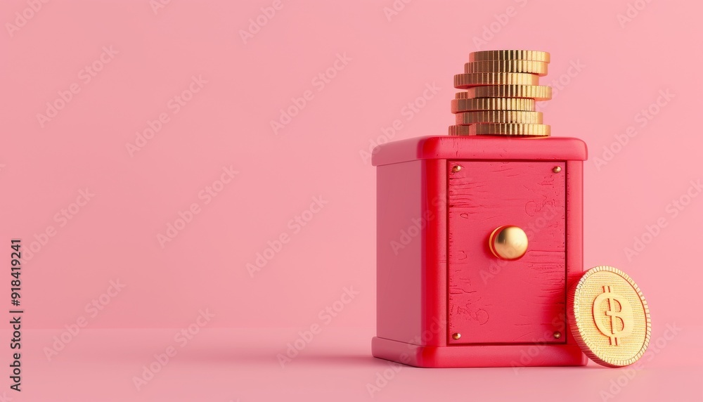 Elegant 3D render of a red safe box with a stack of gold coins, set against a pink backdrop Elegant 3D render of a red safe box with a stack of gold coins, set against a pink backdrop