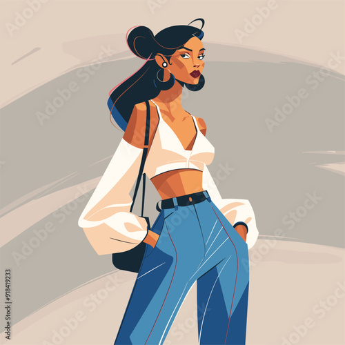 Elegant lady with flowing hair and modern outfit.

