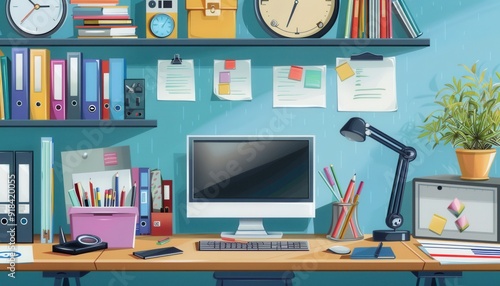 A colorful home office setup with a computer, desk accessories, and organized shelves filled with books and folders in the afternoon light