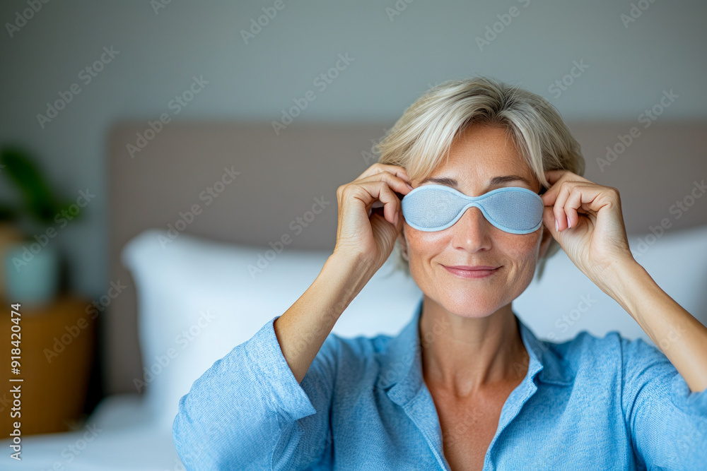 Naklejka premium Mature Woman Relaxing with Eye Mask in Bedroom