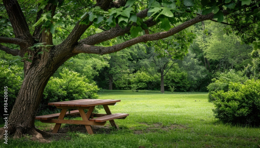 A tranquil picnic area under a large tree in a green park during daylight A tranquil picnic area under a large tree in a green park during daylight
