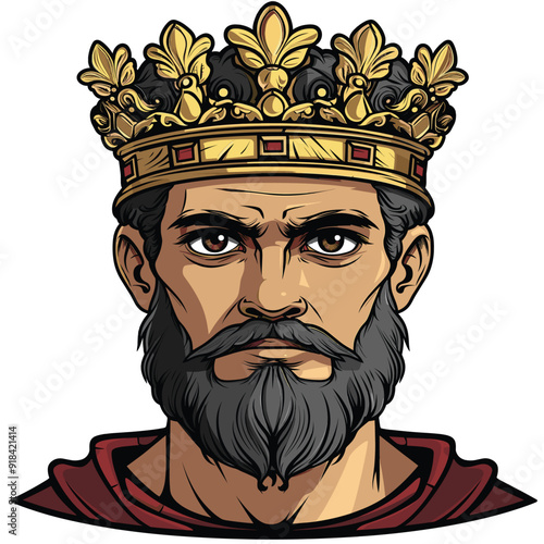 King with golden crown and beard, serious expression.