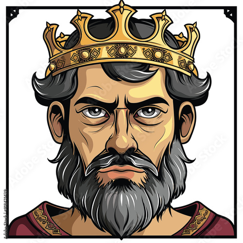 King with golden crown and beard, serious expression.