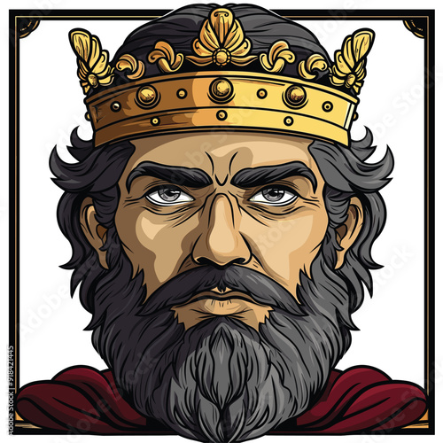 King with golden crown and beard, serious expression.