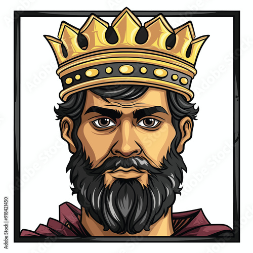 King with golden crown and beard, serious expression.