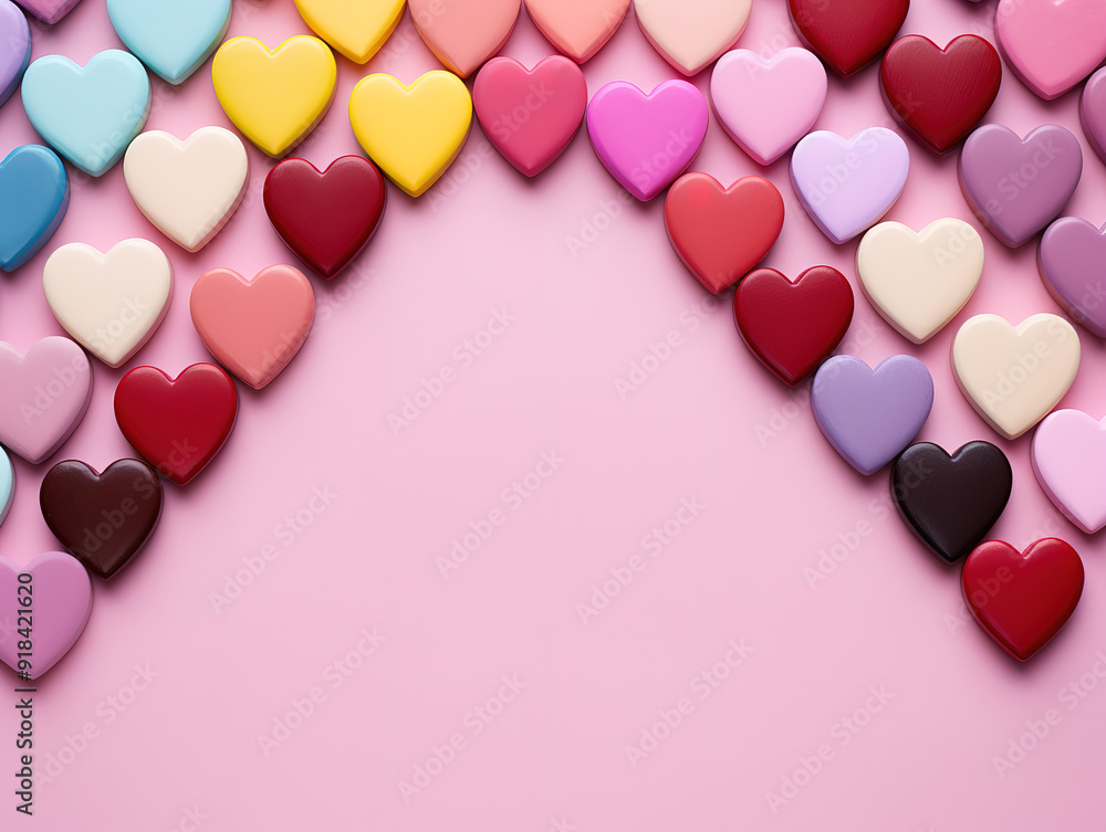 A heart shaped bowl filled with candy hearts on a pink background A heart shaped bowl filled with candy hearts on a pink background