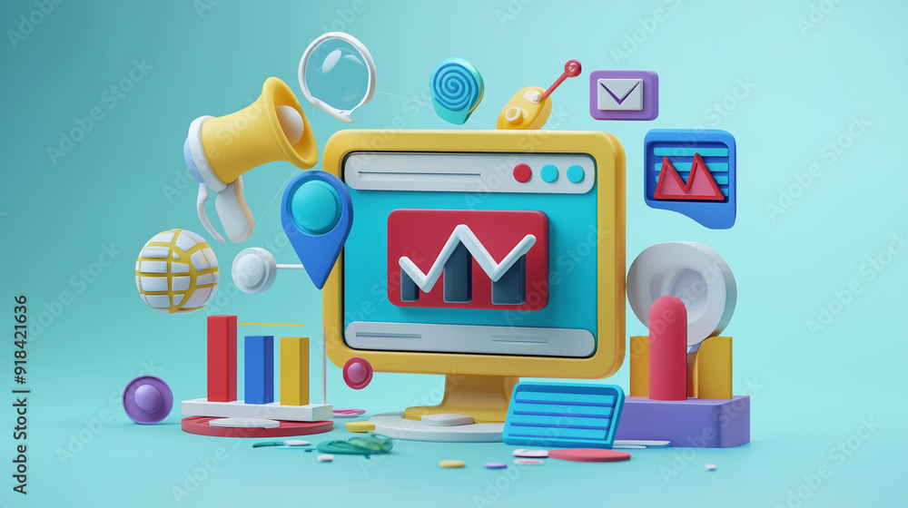 A vibrant 3D illustration showcasing various digital marketing elements, including a computer monitor displaying analytics, a megaphone, email icons, and bar charts A vibrant 3D illustration showcasing various digital marketing elements, including a computer monitor displaying analytics, a megaphone, email icons, and bar charts