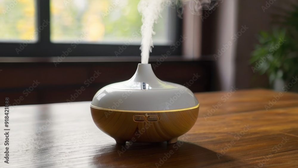 A modern air humidifier is located on a wooden table, an air ionizer in the room A modern air humidifier is located on a wooden table, an air ionizer in the room