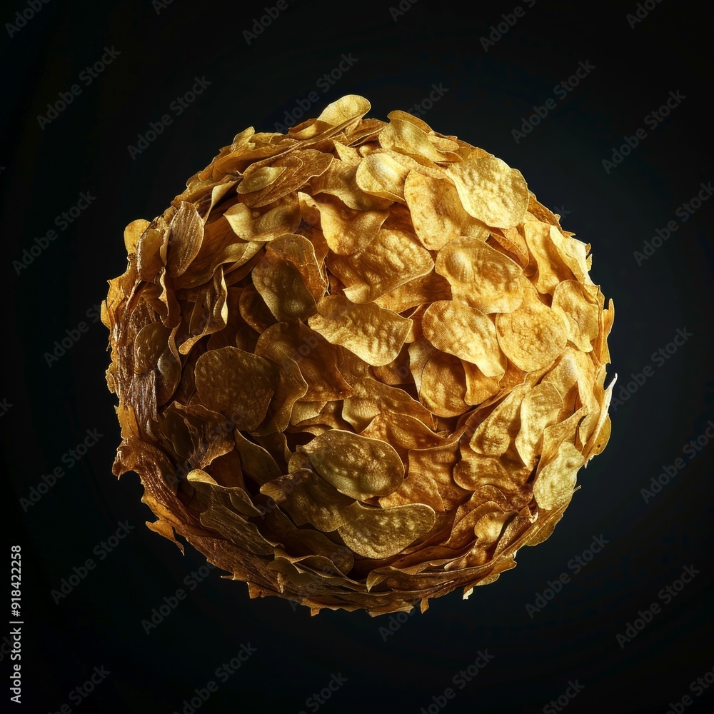 Conceptual artwork of a sphere formed with potato chips. Dark artistic background emphasizes the textures and colors. Creative food art image perfect for advertising and illustration purposes. AI Conceptual artwork of a sphere formed with potato chips. Dark artistic background emphasizes the textures and colors. Creative food art image perfect for advertising and illustration purposes. AI