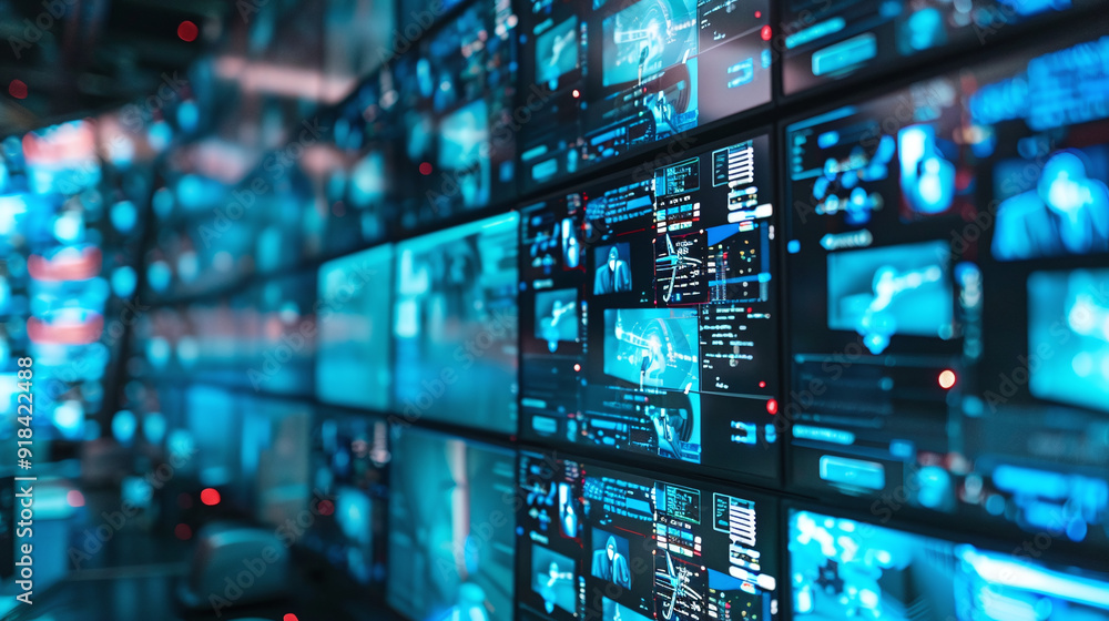 Cybersecurity Control Room with Multiple Digital Surveillance Monitors Cybersecurity Control Room with Multiple Digital Surveillance Monitors