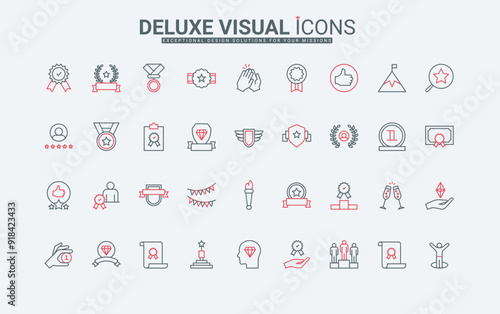 Winners award line icons set. Medal and wreath badge for achievement victory, trophy recognition of champion for first place in championship thin black and red outline symbols vector illustration