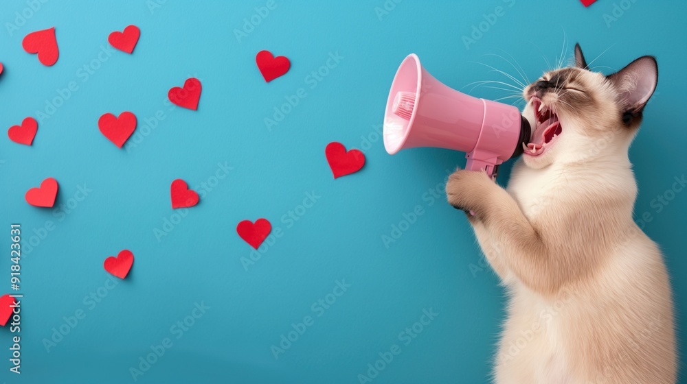 Fototapeta premium Illustration of cute march cat surrounded by heart signs with megaphone meowing love song on bright background with copy space.