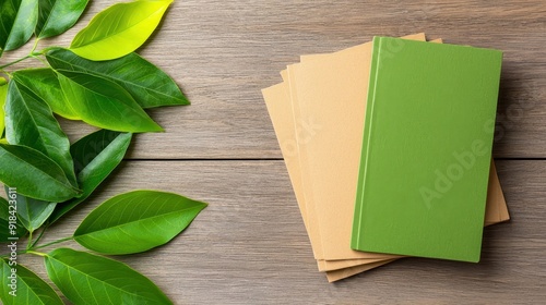 A serene arrangement of notebooks beside fresh green leaves on a wooden surface, perfect for nature-inspired creativity.