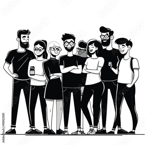Group business founders in casual pose, clean black and white cartoon illustration.
