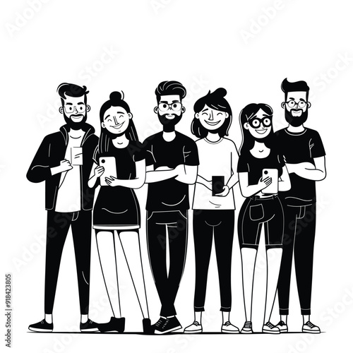 Group business founders in casual pose, clean black and white cartoon illustration.
