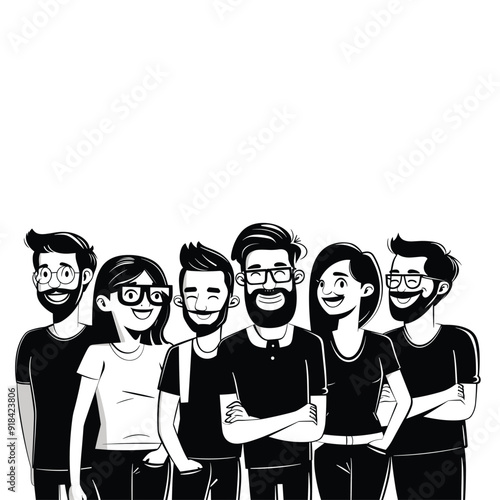 Group business founders in casual pose, clean black and white cartoon illustration.
