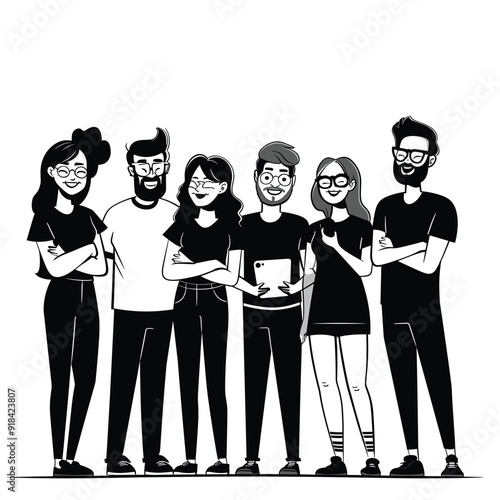 Group business founders in casual pose, clean black and white cartoon illustration.
