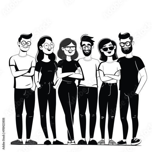 Group business founders in casual pose, clean black and white cartoon illustration.
