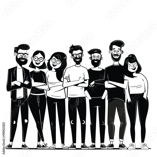 Group business founders in casual pose, clean black and white cartoon illustration.
