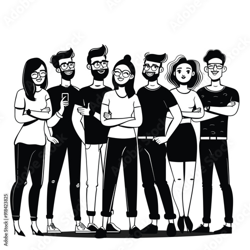 Group business founders in casual pose, clean black and white cartoon illustration.
