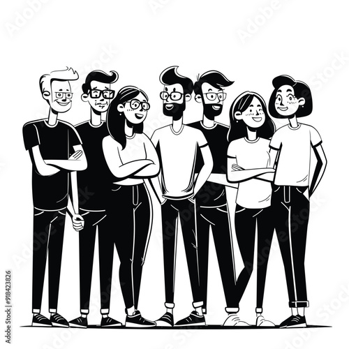 Group business founders in casual pose, clean black and white cartoon illustration.
