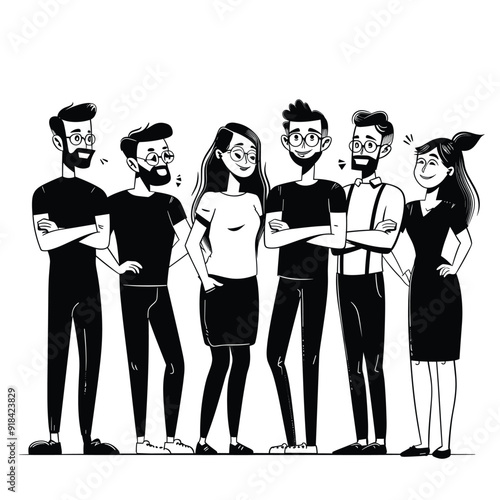 Group business founders in casual pose, clean black and white cartoon illustration.
