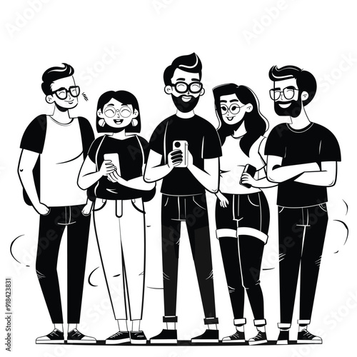 Group business founders in casual pose, clean black and white cartoon illustration.
 photo