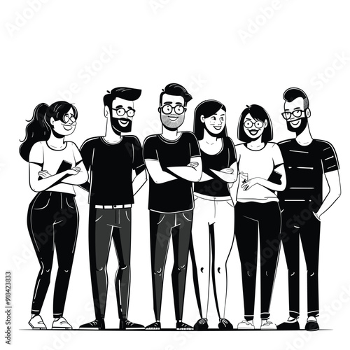 Group business founders in casual pose, clean black and white cartoon illustration.
