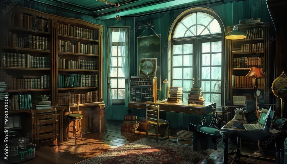 Cozy reading nook with wooden bookshelves, large windows, and a desk in a sunlit room Cozy reading nook with wooden bookshelves, large windows, and a desk in a sunlit room