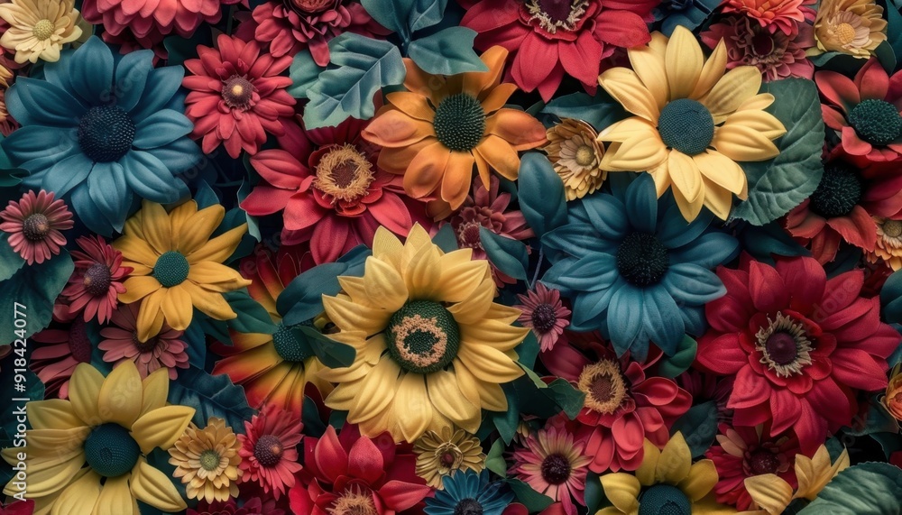 Vibrant arrangement of colorful artificial flowers against a textured background Vibrant arrangement of colorful artificial flowers against a textured background