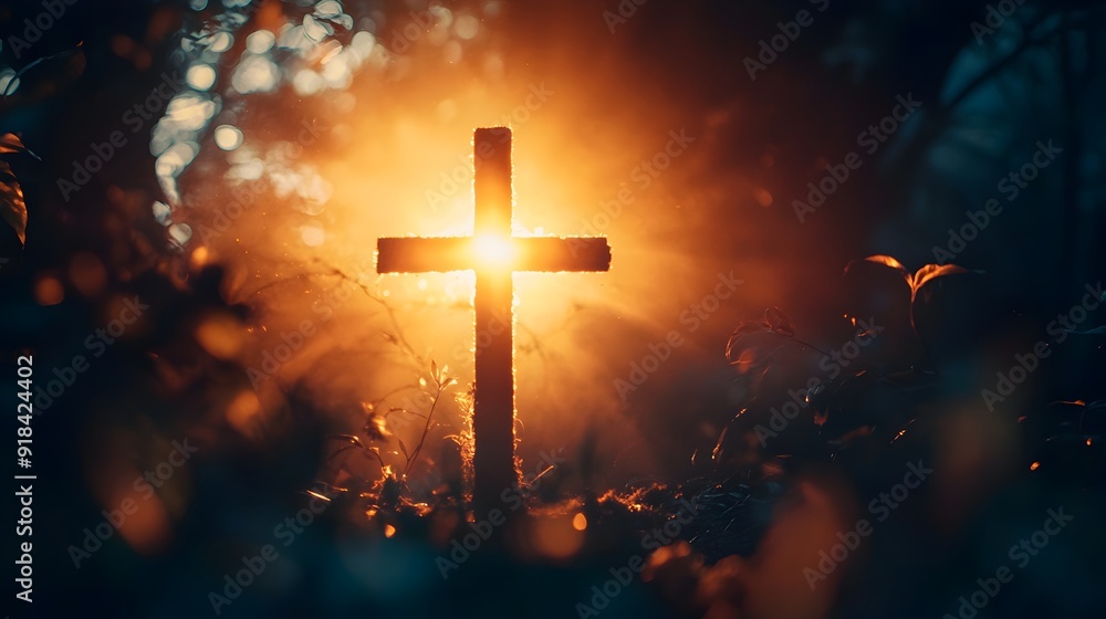 Silhouette of a Cross with Sunlight Shining Through the Trees Silhouette of a Cross with Sunlight Shining Through the Trees