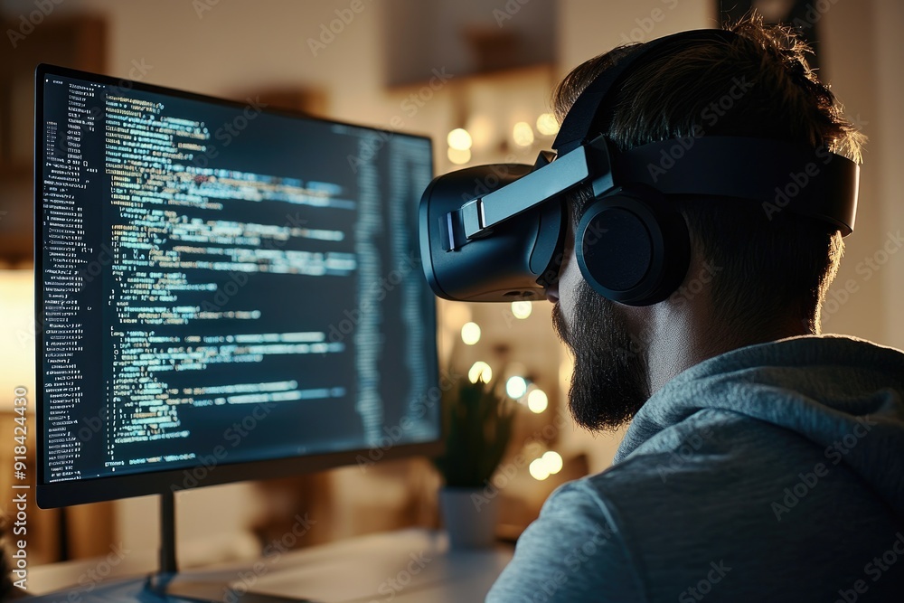 Bearded Man Wearing VR Headset While Looking at a Computer Screen with Code Bearded Man Wearing VR Headset While Looking at a Computer Screen with Code
