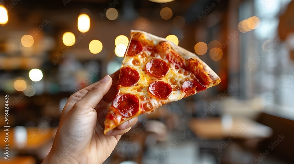Fototapeta premium Close-up of a man's hand holding a pepperoni pizza slice against a hazy café backdrop