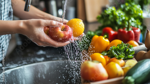 At the kitchen sink, a person carefully washes fruits and vegetables, using running water to thoroughly clean each produce. photo