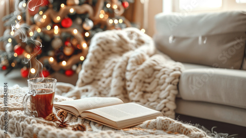 Cozy holiday scene with open book, tea, and Christmas tree in the background