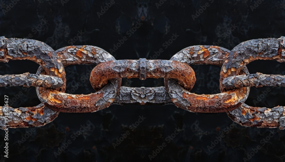 Weathered metal chain link with rust against a dark background Weathered metal chain link with rust against a dark background