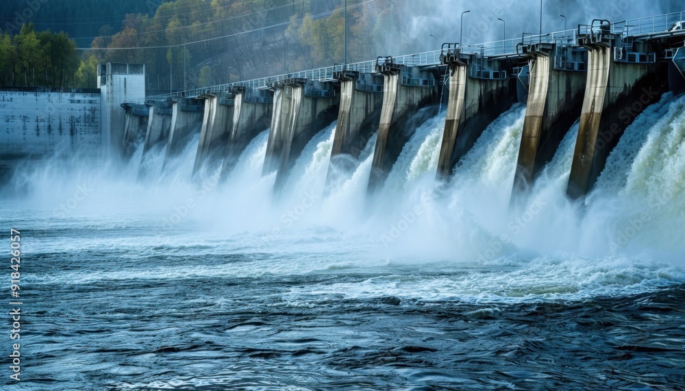 Water flows rapidly from a hydroelectric dam during early morning hours in a serene landscape Water flows rapidly from a hydroelectric dam during early morning hours in a serene landscape