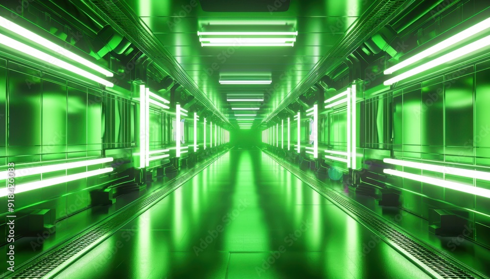 A futuristic hallway with green neon lights and reflective surfaces in a sci-fi setting A futuristic hallway with green neon lights and reflective surfaces in a sci-fi setting