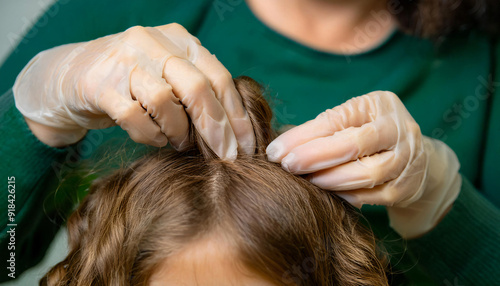 Mother doing head lice cleaning on her daughter curly hair.