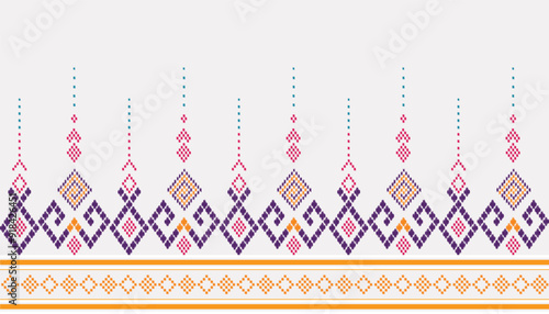 Cross Stitch. Geometric ethnic patterns. Design for Saree, Patola, Sari, Dupatta, Vyshyvanka, rushnyk, dupatta, Clothing, fabric, batik, Knitwear, Embroidery, Ikkat, Pixel pattern. Traditional Design.