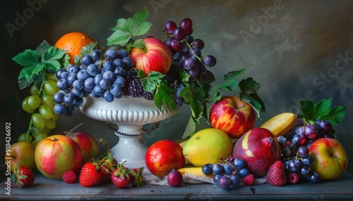 Colorful assortment of fresh fruits arranged in a decorative bowl on a rustic wooden table