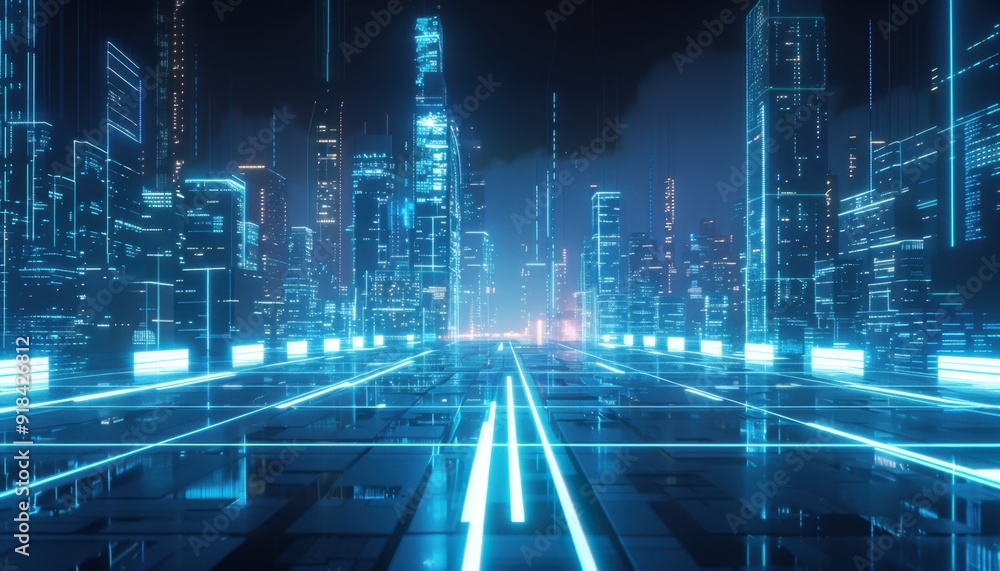 Futuristic city skyline with illuminated pathways and towering skyscrapers at night Futuristic city skyline with illuminated pathways and towering skyscrapers at night