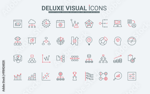 Business analytics, service with artificial intelligence for data processing line icons set. Analysis of charts and trends search, risk vision thin black and red outline symbols vector illustration