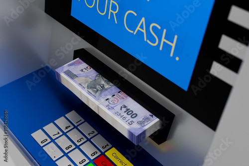 ATM Machine Closeup with Indian Rupee 100 Note Bundle - 3D Illustration Render