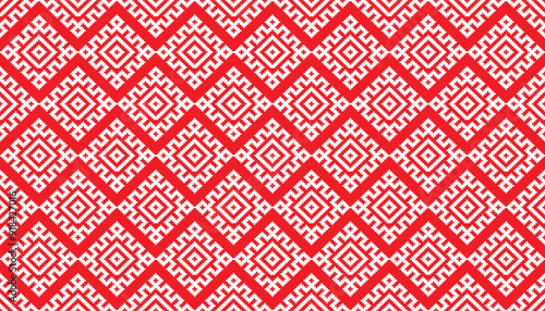 Abstract ethic geometric pattern with maze, diagonal stripes and lines in bright red and white. geometric background.