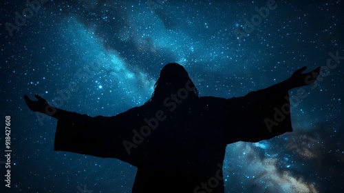Silhouette of a Person with Outstretched Arms Against a Starry Night S