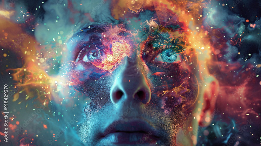 Futuristic Human Head with Cosmic Data Flow Futuristic Human Head with Cosmic Data Flow