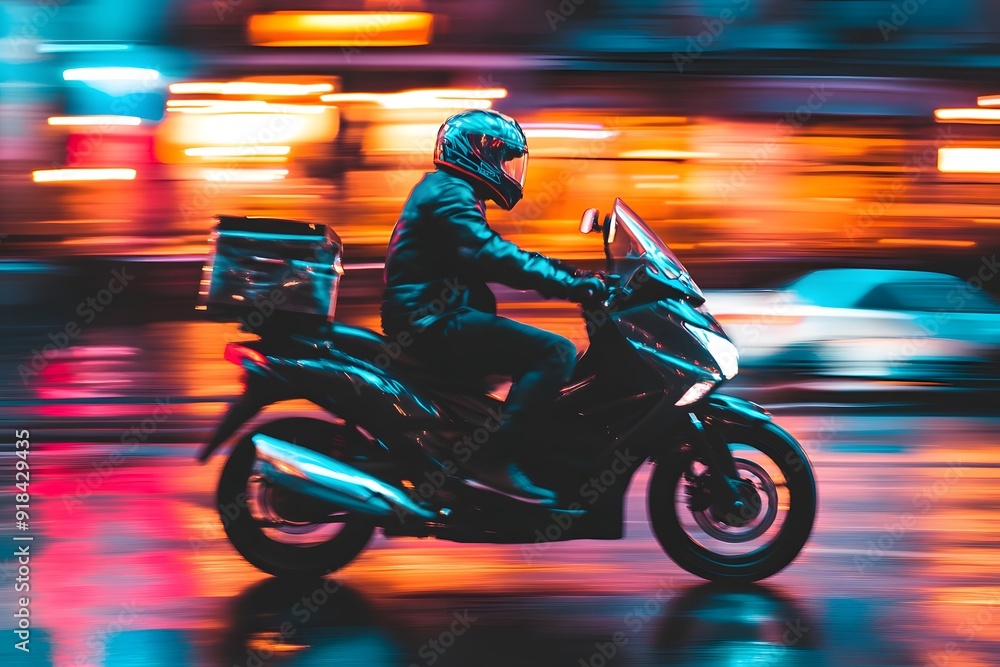 A delivery rider rides a motorcycle. A delivery rider rides a motorcycle.