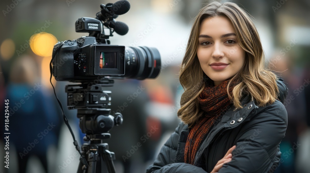 Reporter standing next to camera Reporter standing next to camera